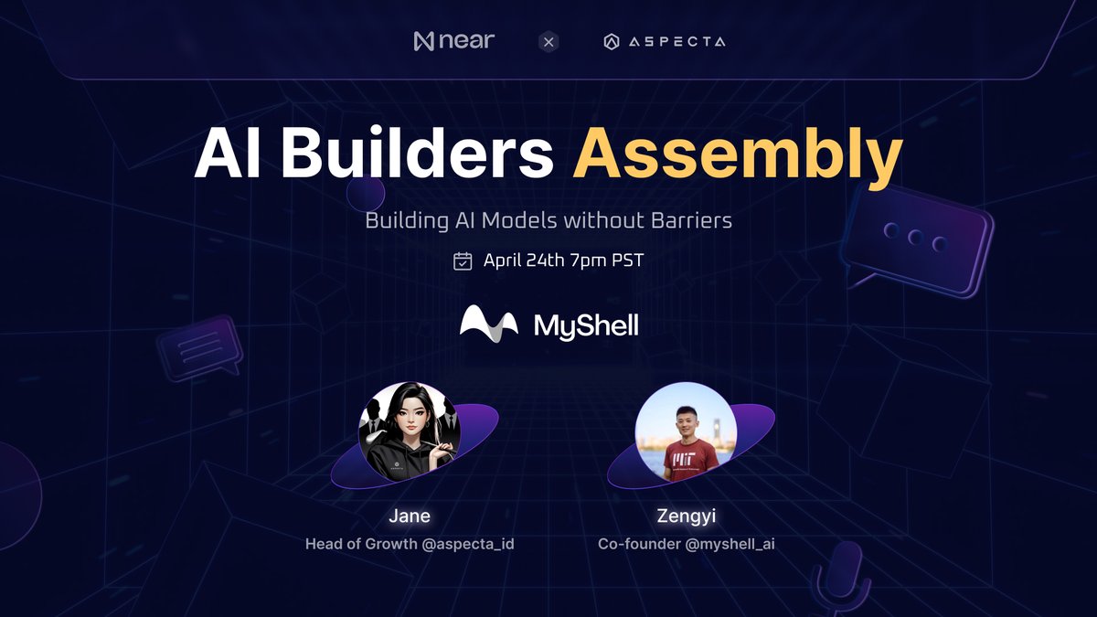 🎉 Big News! @myshell_ai, the pioneering decentralized AI consumer layer, is joining the #AIBuilderAssembly! 🌐✨ Dive into the future with MyShell, where every innovative idea finds visibility, recognition, and reward! ⬇️ aspecta.id/co/global-ai-b…