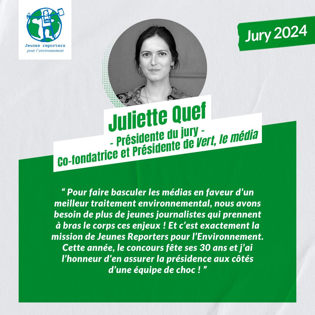 <a href="/JulietteQuef/">Juliette Quef</a>, co-fondatrice et présidente de <a href="/Vert_le_media/">vert</a>🌱📰 nous fait l'honneur de devenir la présidente de jury du concours JRE 2024 !
Pour les 30 ans de JRE, nous avons réuni autour de notre nouvelle présidente un jury d'exception, à découvrir dans les prochains jours...👀