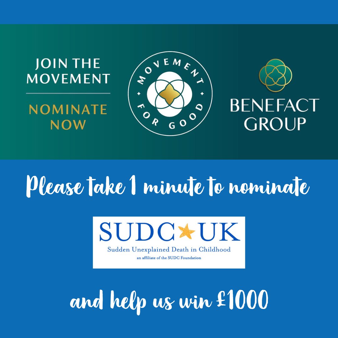 Please nominate SUDC UK to help us have a chance of winning £5,000. This significant sum of money could make a huge difference allowing SUDC UK to support bereaved families and fund research to help save children’s lives! Click here to nominate health.movementforgood.com 💙⭐️