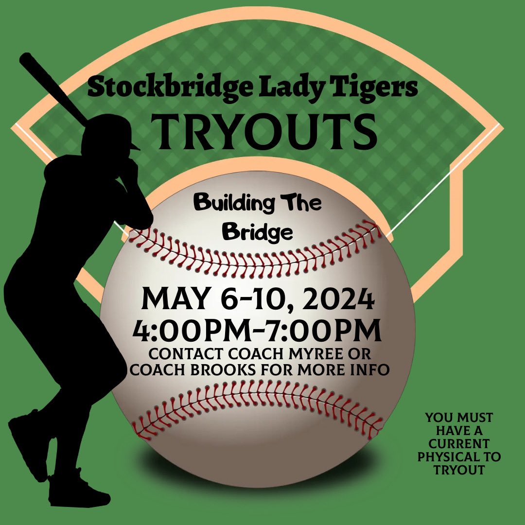 Stockbridge Softball (@tigersoftballs) on Twitter photo It’s that time of year as we Continue Building The Bridge! Contact <a href="/coachbrooks21/">karl brooks</a> or Coach Myree for more info! <a href="/coachbyrd6/">Andre Byrd Ed.S , CMAA</a> <a href="/SHSTigers4real/">Stockbridge Tiger Athletics</a> It’s that time of year as we Continue Building The Bridge! Contact <a href="/coachbrooks21/">karl brooks</a> or Coach Myree for more info! <a href="/coachbyrd6/">Andre Byrd Ed.S , CMAA</a> <a href="/SHSTigers4real/">Stockbridge Tiger Athletics</a>