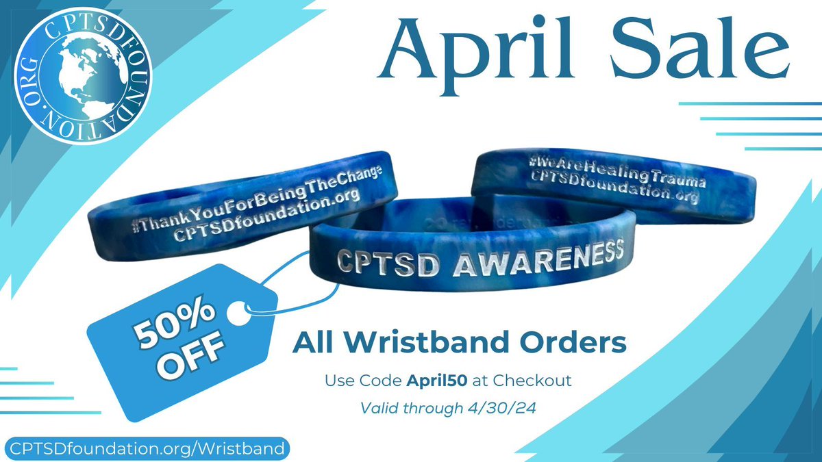 Exclusive CPTSD Awareness Wristbands, April sale! 50% off all wristband orders! Show your support for trauma recovery and CPTSD Awareness with your very own beautiful wristband directly from us, to you! Head over to buff.ly/3O5MLgD and use code April50 at checkout.