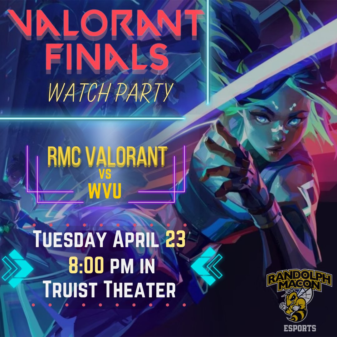 Our Valorant team made it to finals in both conferences! Our last game of the season, and finals, will be on Tuesday April 23. Come to Truist Theater for the Finals Watch Party and show your support for our team!

#RMCEsports #rmc #esports #valorant #riotgames #ECAC #twitch