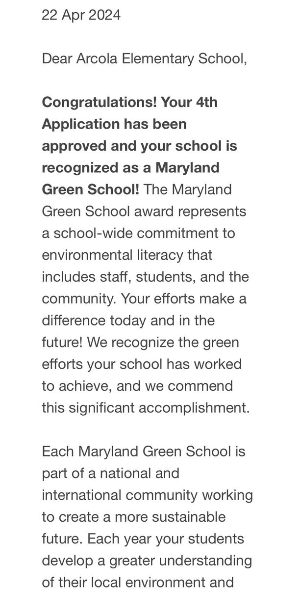 Happy Earth Day! Our 4th application as a Green School has been approved!! Thank you to @MAEOE_MD, @MCPSSERT, @SERT_G_Rod, @Learn_NaturaLee, @sertrecycling, and Jim Stufft for your support through the application process!