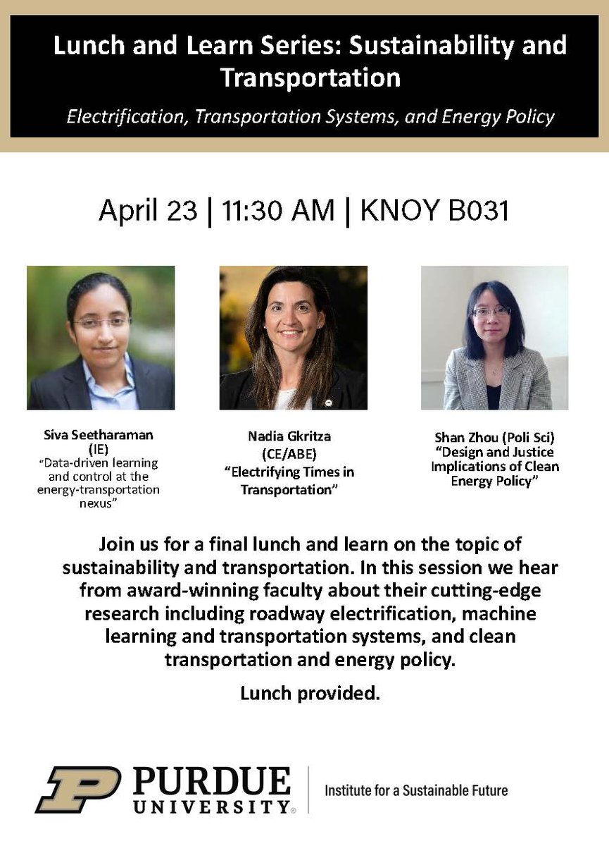 Join us for a final lunch and learn on the topic of sustainability and transportation tomorrow, April 23 at 11:30 AM in KNOY B031!