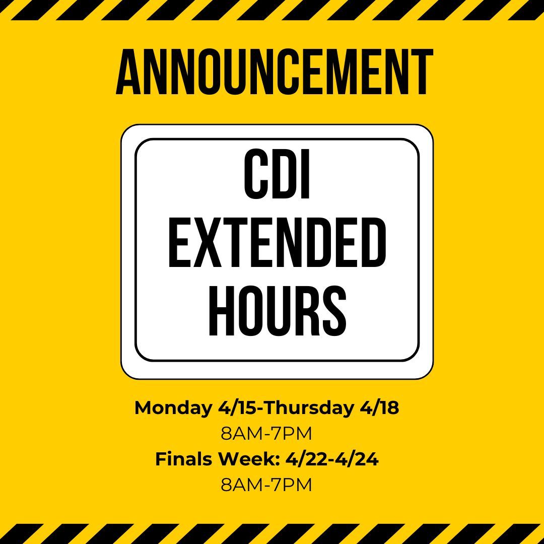 CDIatTech's tweet photo. Michigan Tech CDI will have the extended hours of 8 am - 7 pm.

Finals Week: Monday - Wednesday (April 22-24) https://t.co/hyFP2BnjCo