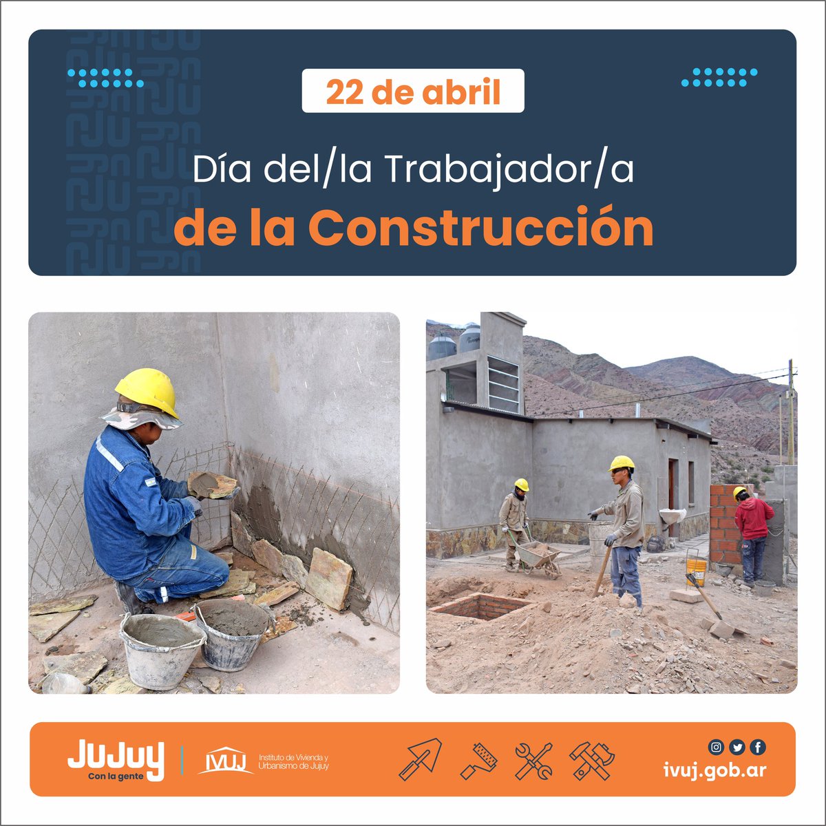 IVUJVivienda's tweet photo. Como cada día, y en especial hoy, desde el #IVUJ valoramos la tarea de las trabajadoras y trabajadores de la construcción.🚧🦺
.
.
.
22 de abril - Día del/la Trabajador/a de la Construcción
@GobiernoJujuy https://t.co/ab0QLi4hUt