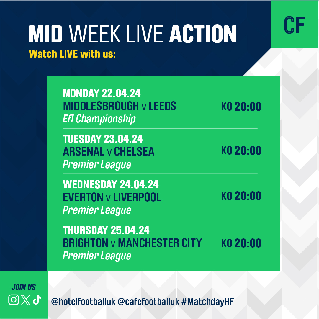 This week's Cafe Football line-up👀⚽ Catch all the latest games across the week and soak up the live action🍻🏆 Book your table now: bit.ly/3S8Frl2 #cafefootball #whatson #livesport #sport #football #sportsbar #bar #oldtrafford #manchester #uk #hotelfootball