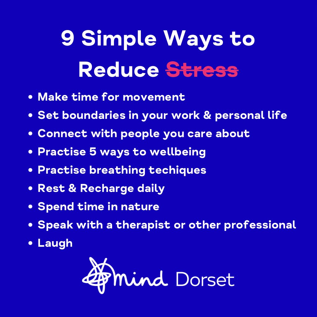 Here are some tips to help you reduce your daily stress. Going for a walk, taking time to relax + setting clear work/life boundaries can help release mounting pressure. More from @mindcharity: bit.ly/3TXYtg5 #Support #StressAwarenessMonth @drandymayers @nhsdorset