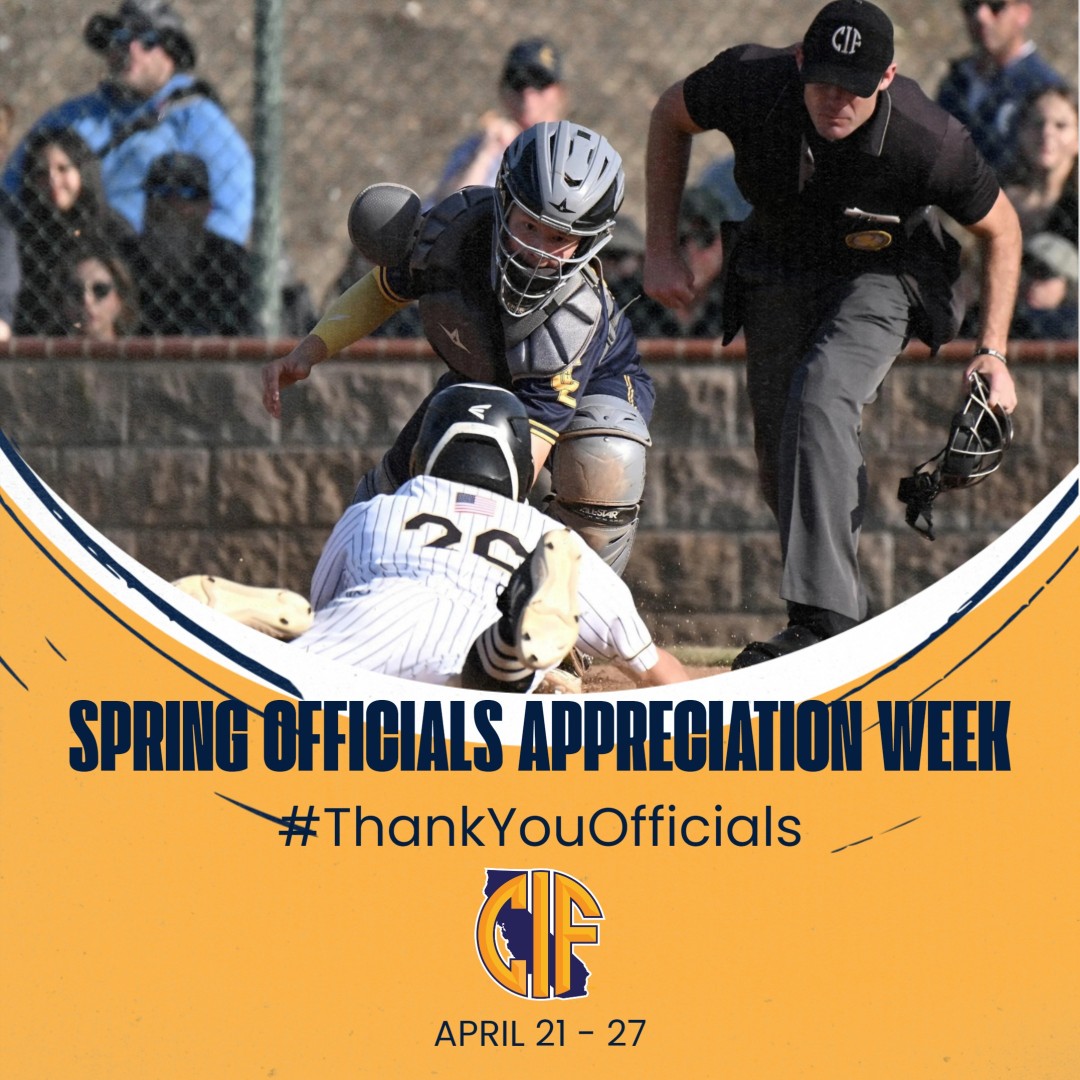 It's CIF Spring Officials Appreciation Week! Let them know how much we need them by thanking them for their service! Be sure to post your activity on social media and tag us to bring awareness to the importance of education-based officials in all our sports! 

#ThankYouOfficials