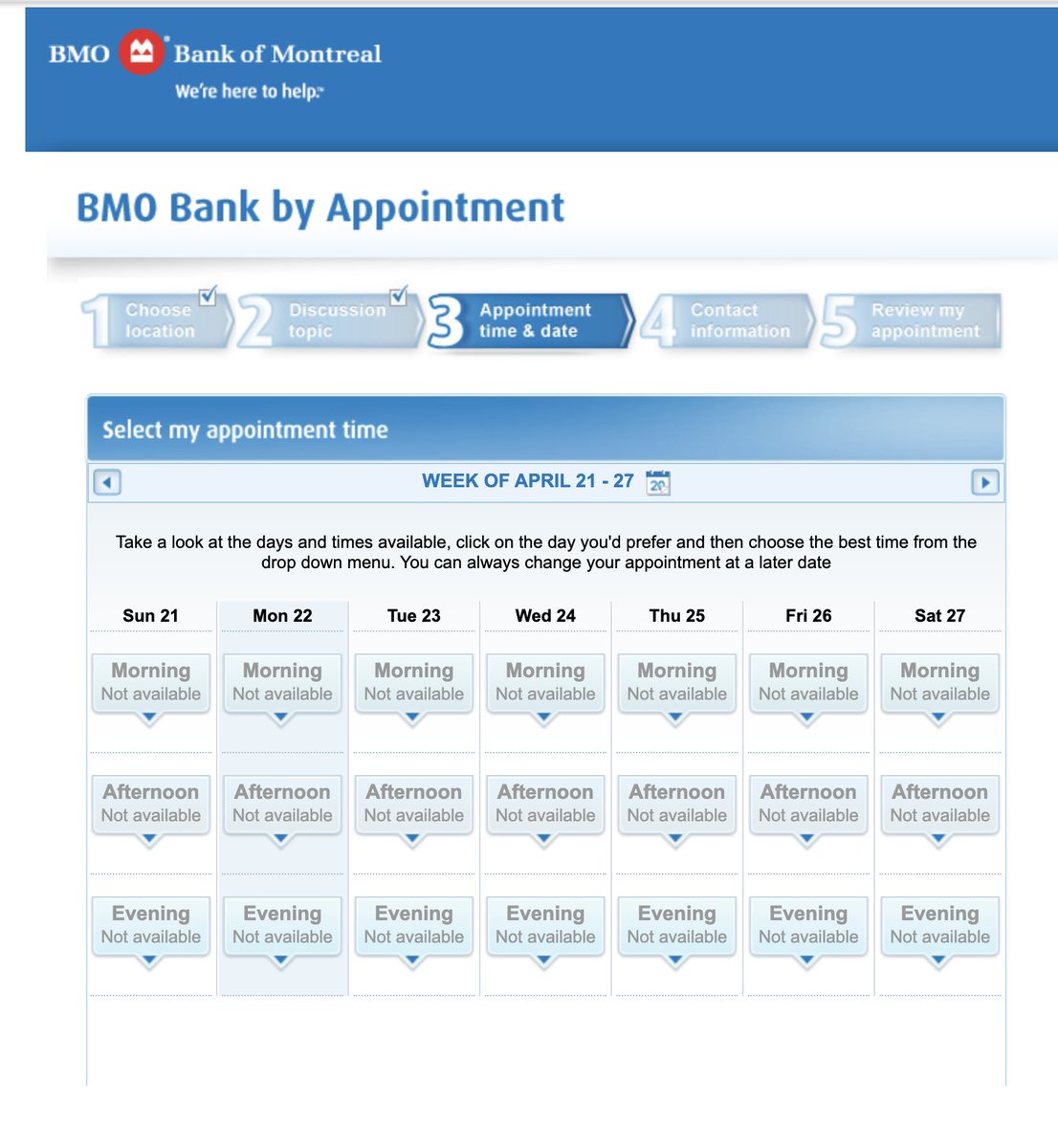 BMO requires an appointment to change anything re RESP or RRSP investments, even purchasing or changing auto payment schedules. This is their appointment booking service working well... This should be illegal. <a href="/BMO/">BMO</a> <a href="/the_cra/">CanadaRevenueAgency</a>