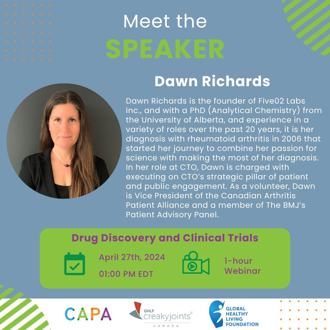 Meet the Speaker for our upcoming webinar on Drug Discovery and Clinical Trials on April 27th at 1 PM EDT in collaboration with @CreakyJoints and the @GHLForg Register here buff.ly/4cSG3Vm or by using the link in our bio @TO_dpr @clinicaltrialON