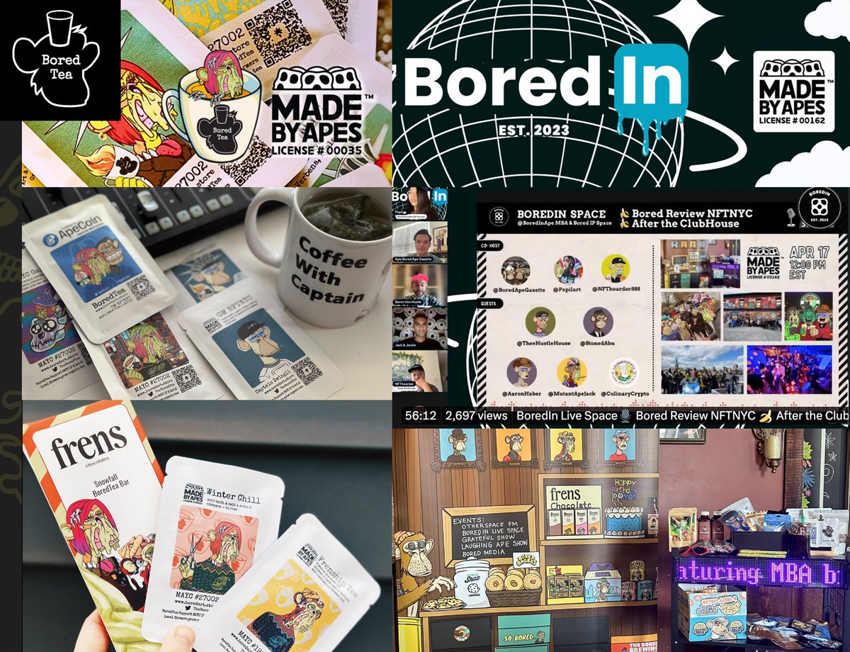 In our BAYC eco system Popil is making waves with her MBA Business The Bored Tea (@TheBoredTea). Where she creates flavored teas and uses her own and other community members NFT IP to brand the packaging! BoredTea supports their local farmers' refugee program by growing organic