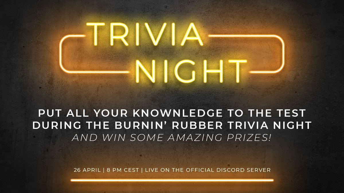 Put all your Burnin' Rubber and Xform knowledge to the test during the Burnin' Rubber trivia night!

We hope to see you all on 26 April at 8 PM CEST in the Burnin' Rubber Discord server:
discord.gg/burnin-rubber-…

#BurninRubber #Trivianight