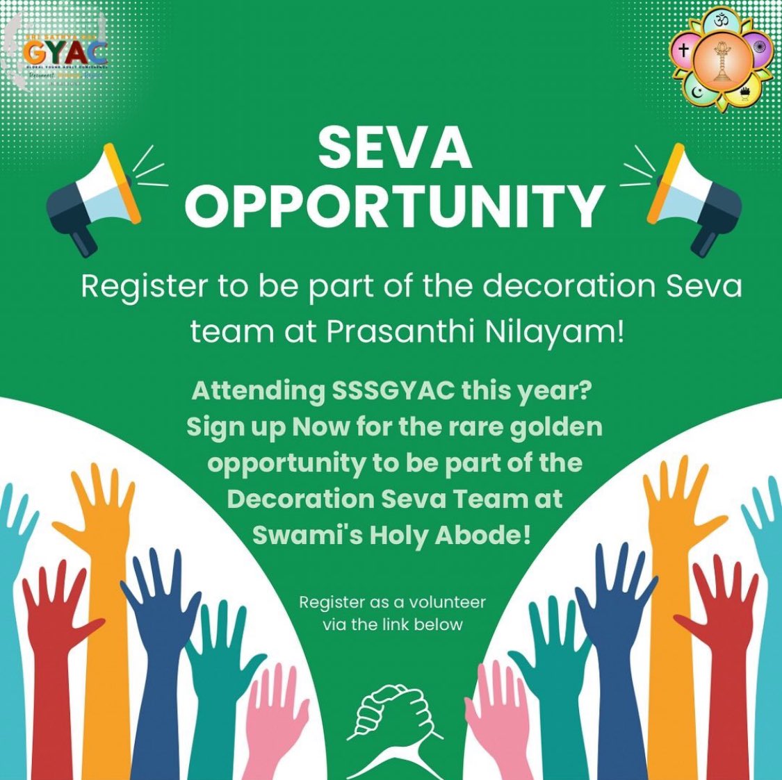 SSSGYAC's tweet photo. Join our Decoration Seva team and be a part of creating a beautiful atmosphere at Sai Kulwant Hall and other venues in Prasanthi Nilayam for SSSGYAC 2024! 

#sssgc #sssgyac #sai99 #srisathyasai https://t.co/eJvbdWhf0z
