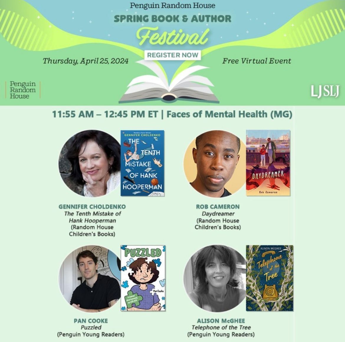Dear teachers and librarians, I hope you'll check out this Thursday's @PenguinClass, @LibraryJournal, & @sljournal Spring 2024 Virtual #PRHBookFest! I'll be on a panel with Alison McGhee, @cooke_pan, & @cprwords, and I can't wait. Register free here! libraryjournal.com/event/prh-spri…