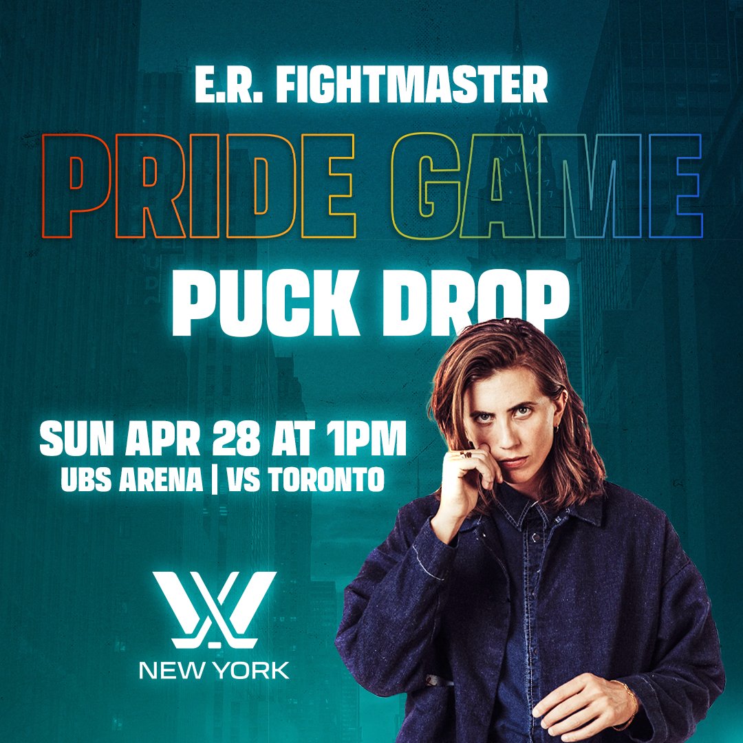 Paging New York fans...we've got someone special coming to celebrate Pride with us on Sunday 👀 Advocate, musician, and star of Grey's Anatomy, E.R. Fightmaster is coming to drop the ceremonial first puck before our Pride game at @ubsarena on 4/28! 🎟️: bit.ly/3W8aHnO