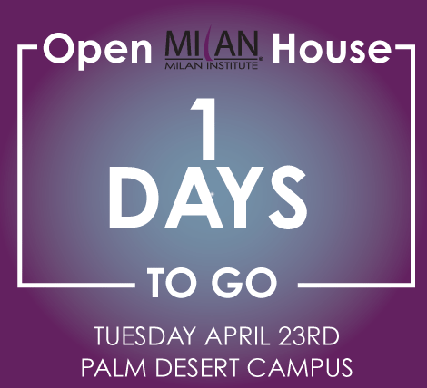 ONE MORE DAY for our Milan Institute - Palm Desert Open House!📆

#MilanInstitute #MIPalmDesert #PalmDesert #OpenHouse #Countdown #CareerTraining #BeautyPrograms #MassageProgram #HealthcarePrograms
