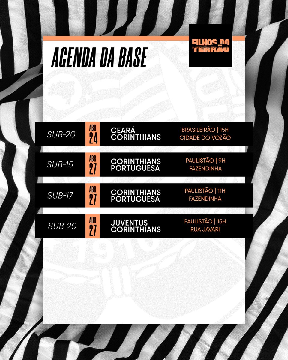 A semana de jogos dos #FilhosDoTerrão! ⚽👊🏽

#CorinthiansNaBase
#VaiCorinthians