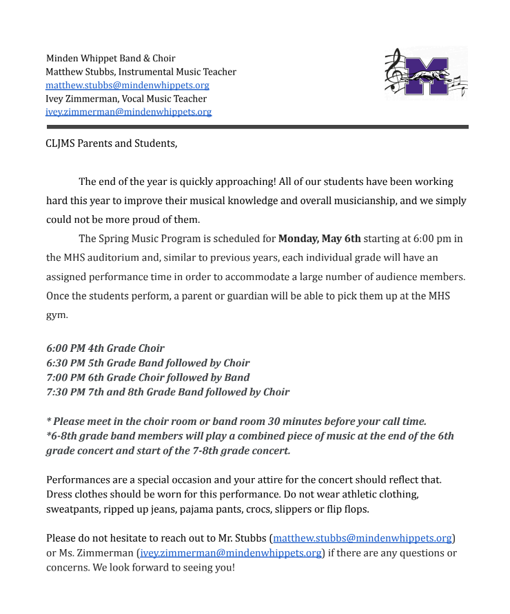 CLJMS Spring Music Program Information for May 6th 6:00pm