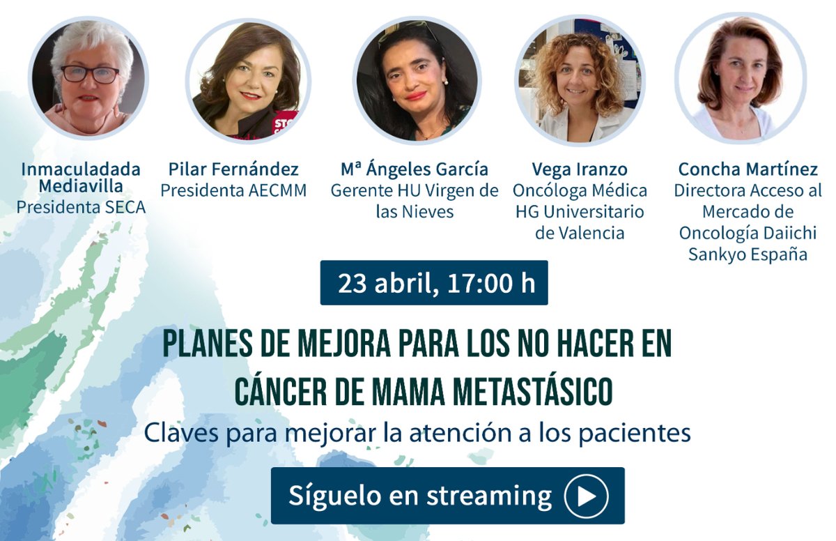 🗓️ Mañana 23 abril 🕔17h
#NoHacer #CáncerMamaMetastásico:
· Inmaculada Mediavilla @CalidadAsistenc 
· Concha Martínez @DaiichiSankyoES @AstraZenecaES
· @Pilar_aldebaran @CMMetastasico 
· @magrrjj @hospital_hvn 
· @iranzo_vega @HGUVALENCIA
Síguelo en ⬇️
bit.ly/3Vsrwd1