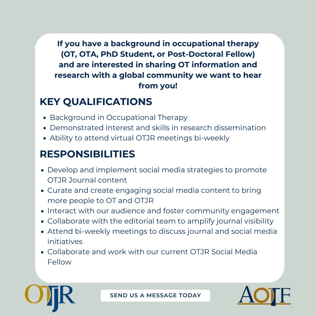 Calling all OT advocates & research enthusiasts! OTJRJournal is seeking a #SocialMedia Editorial Board Fellow to help amplify #OTResearch globally. If you're passionate about disseminating impactful #OTinsights, apply now! DMs open. 
#OccupationalTherapy #OTAdvocacy #OT #OTA #OTP