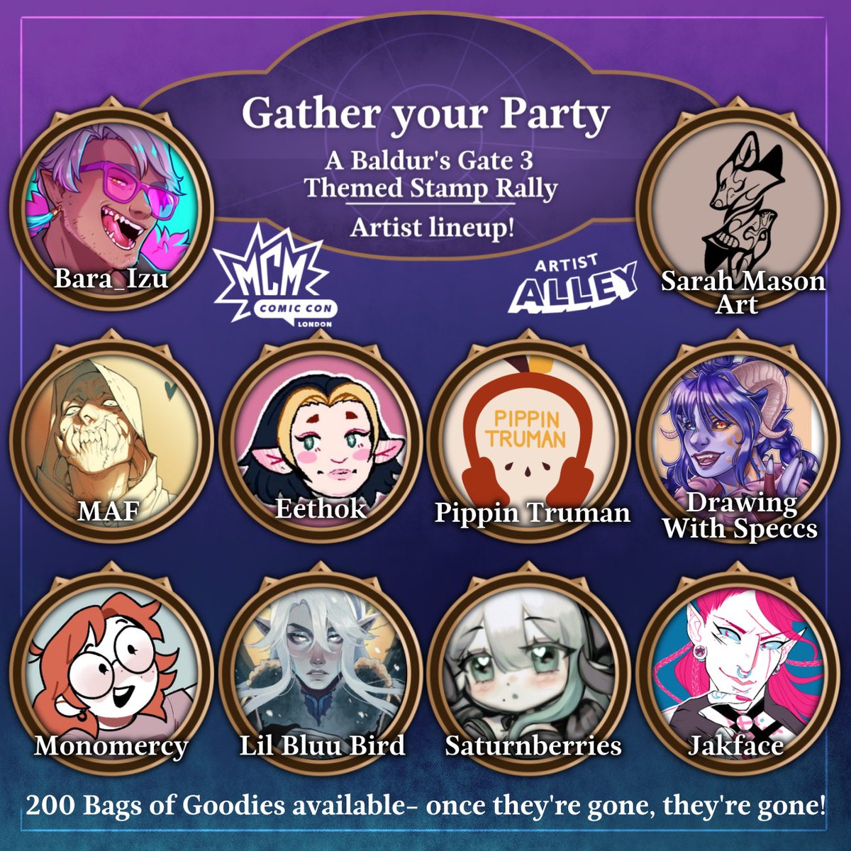 MCM visitors, gather your friends for a BG3 themed stamp rally! 
Myself and a bundle of spectacular artists have formed together to create 200 goodie bags with exclusive fan-made merch - we look forward to seeing you!! 🙌✨
#mcmlondon #bg3 #BaldursGate3