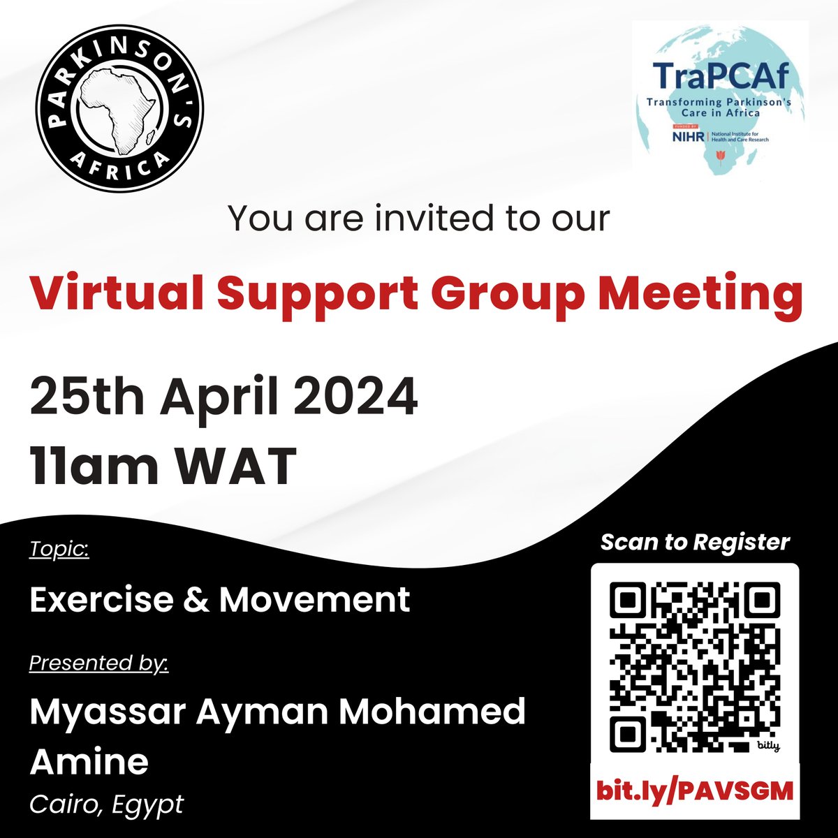 Join our Virtual Support Group organised by EgyParkinson's Resource Center. 🗓 Date: 25th April 2024 🕒Time: 11am West Africa Time / 1pm East Africa Time 📌 Topic: Exercise & Movement 🎙 Presenter: Myassar Mohamed Signup here: bit.ly/PAVSGM We hope to see you there!