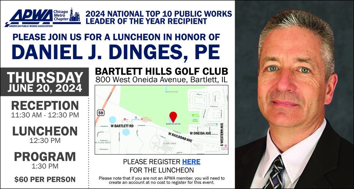 Congratulations to Mr. Daniel J. Dinges, PE DPW at Village of Bartlett for being named the 2024 APWA National Top Ten Award recipient! Join us on June 20 for the recognition luncheon. Registration is now open. ow.ly/3Ini50Rklo6  #APWA #TopTenAwardWinner