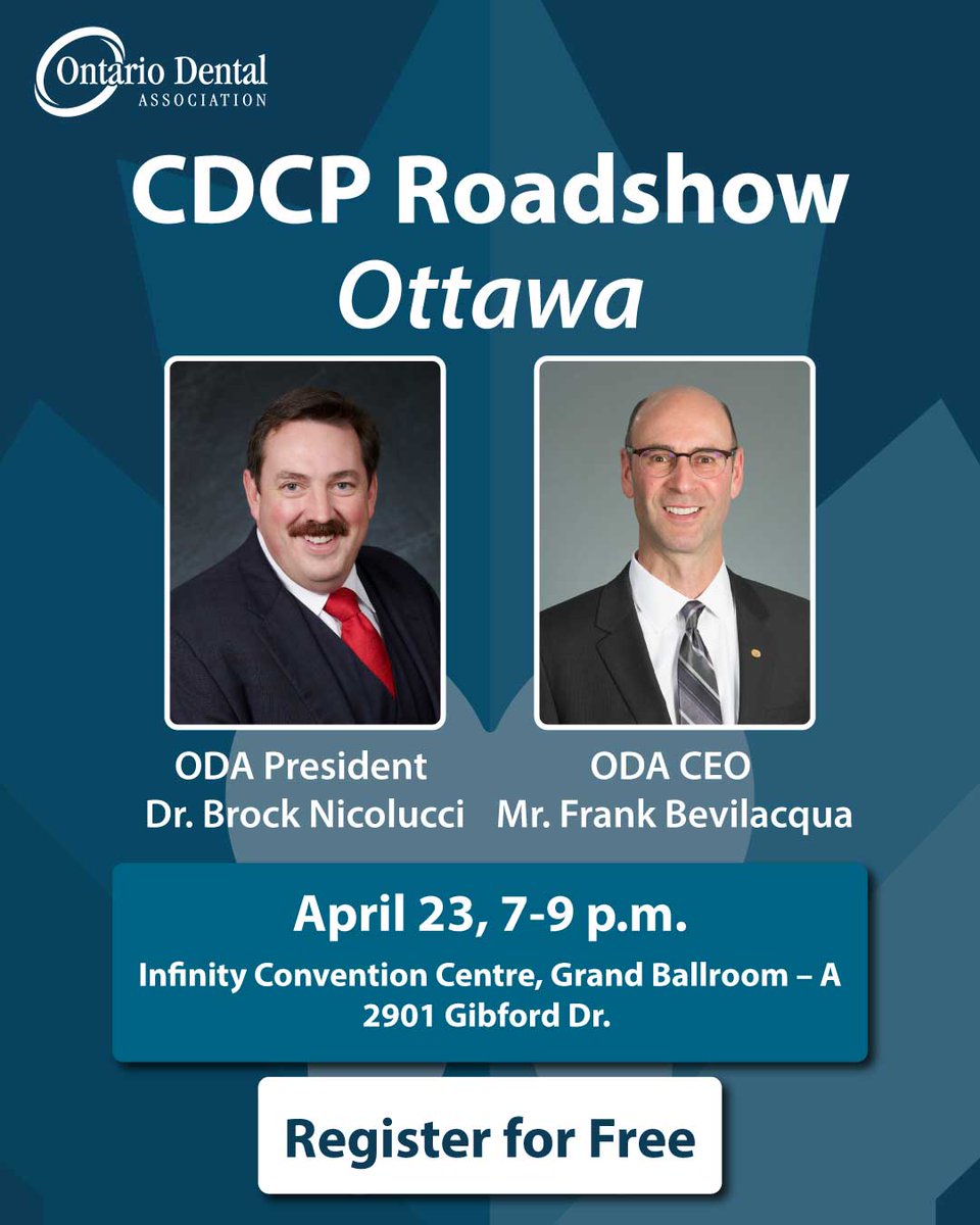 ODA Members in the Ottawa area - join us for a special #CDCP Info Session tomorrow @ the Infinity Convention Centre. ODA Pres Dr. Nicolucci & ODA CEO Mr. Bevilacqua as will provide our analysis of the CDCP & potential impacts on practices. Register now: oda.ca/e-blasts/CS/od…