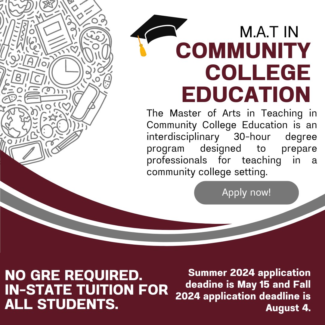 Are you a K12 teacher interested in being qualified to teach dual enrollment at your school? The M.A.T in Community College Education prepares you to teach math, biology, history, or English. The 10-course program may be completely online. #CCLeadership
itidccl.msstate.edu/graduate/commu…