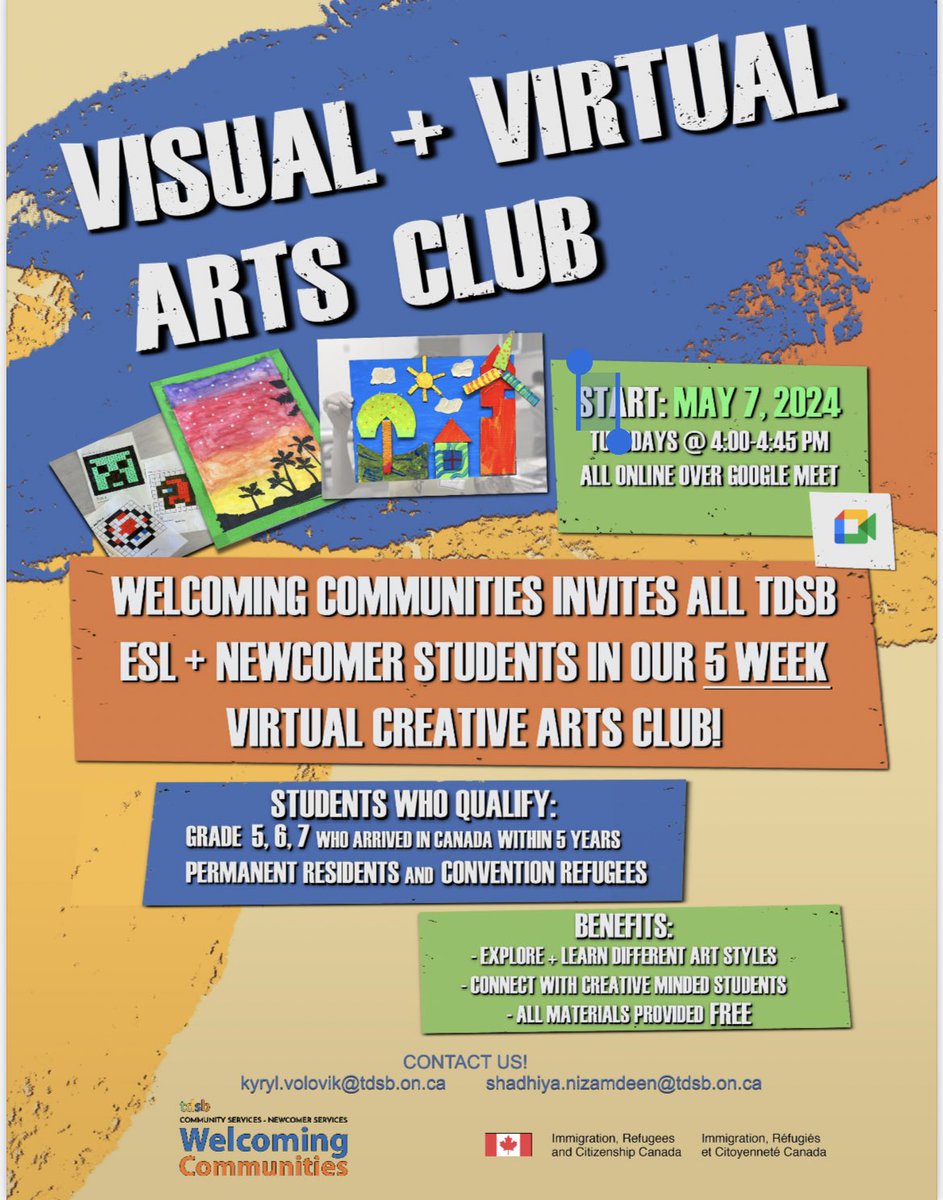 So excited to announce our new virtual art program! TDSB newcomer Ss Gr5-7 In Canada for 5 years or less Permanent residents, refugee claimants & government assisted refugees  To register, please email Kyryl.Volovik@tdsb.on.ca or Shadhiya.Nizamdeen@tdsb.on.ca @tdsb @TDSB_CS