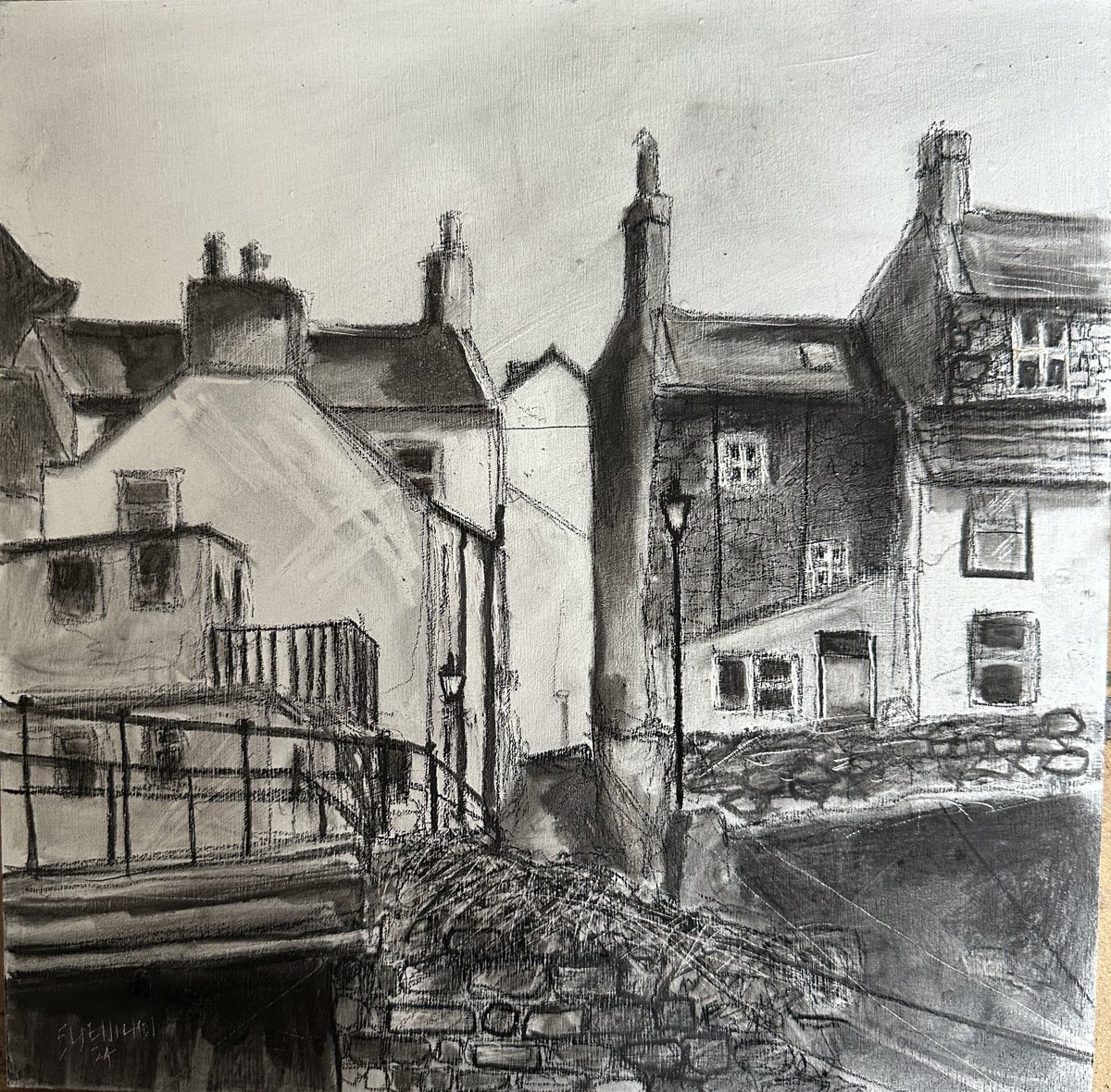 Over The Bridge #Staithes #charcoal on board #drawing #art