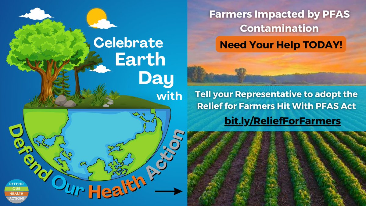 Happy #EarthDay🌏! Celebrate the day with Defend Our Health Action by telling your representative TODAY to adopt the Relief For Farmers Hit by #PFAS Act to protect the livelihood of impacted farmers nationally. bit.ly/ReliefForFarme…