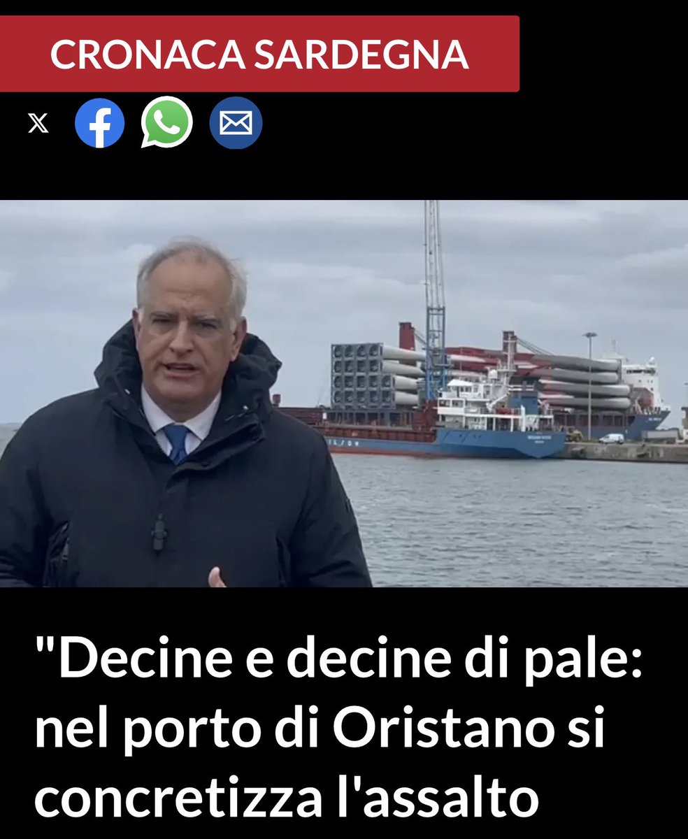 🆘 ORISTANO: ARRIVANO GLI ECOMOSTRI! 🆘 “Nel porto industriale di Oristano si sta materializzando l’assalto eolico alla Sardegna. Una nave è appena attraccata dalla Spagna per scaricare decine e decine di pale eoliche”. (Pili) #NonPasseranno