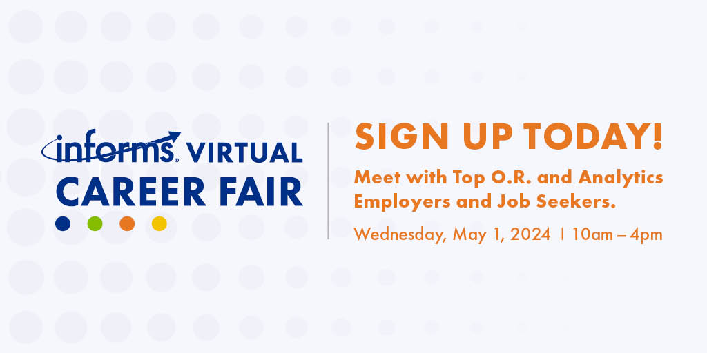 Looking to add top talent to your analytics team! Join us on May 1 for the 2024 INFORMS Virtual Career Fair! 🌐bit.ly/44cvoRq #virtualcareerfair #analytics #employers #careerfair #hr