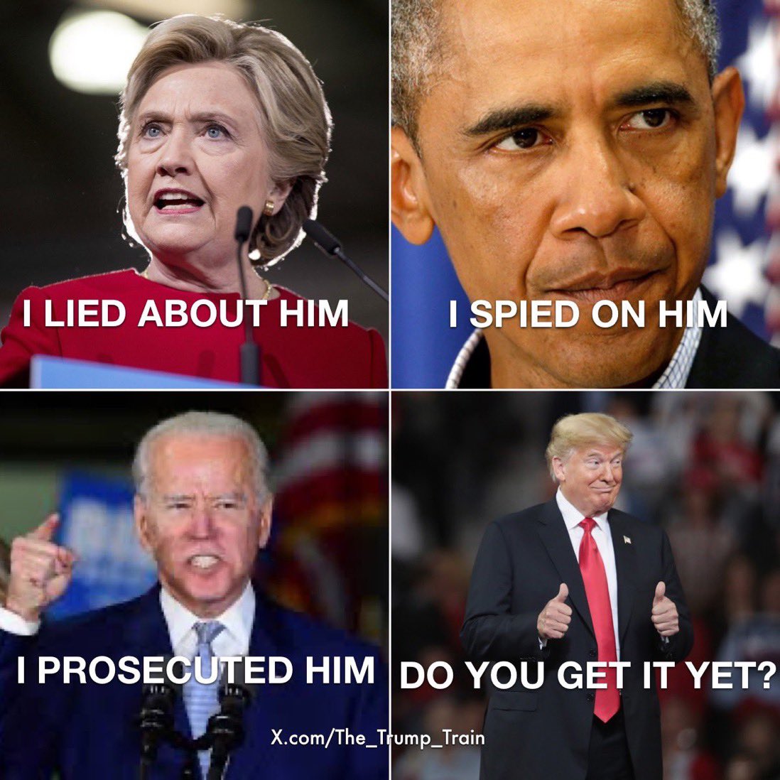 The_Trump_Train's tweet photo. 1. Hillary Clinton lied about Trump.

2. Obama illegally spied on Trump.

3. Joe Biden prosecuted Trump

That’s the cycle of corruption we are witnessing right now. The United States is truly becoming a banana republic under the radical Democrats.

Vote for Donald Trump in 2024 and send a message loud and clear to the deep state… MAGA ISN’T GOING ANYWHERE!