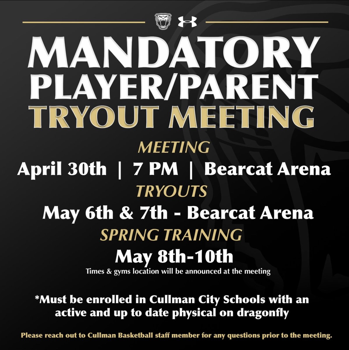 If you are interested in trying out for the boys' 9th grade basketball team there will be a Mandatory Player and Parent Meeting on Tuesday, April 30th at 7:00 PM in Bearcat Arena. If you have any questions prior to the meeting please see one of the boy’s coaching staff members.