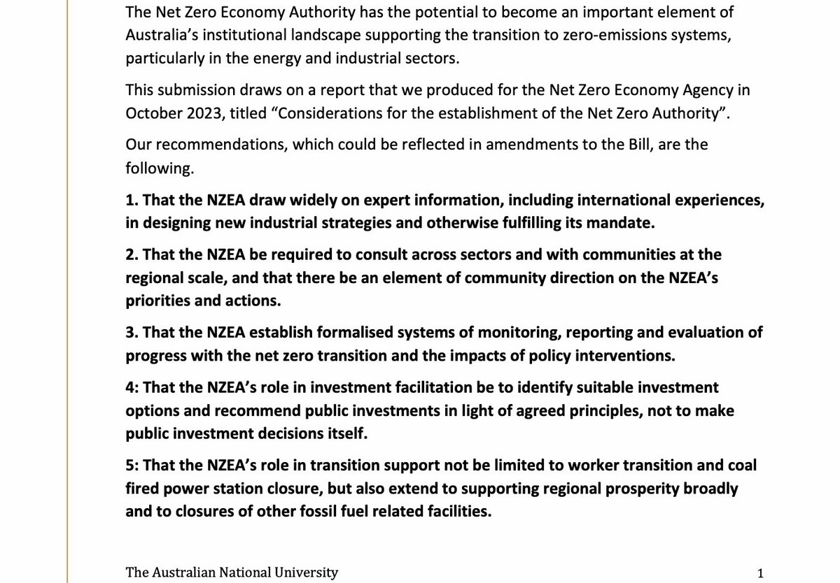 Net Zero Economy Authority bill is before the Senate. We make 5 recommendations on scope, procedure, monitoring, investment facilitation, and regional/worker transition. ccep.crawford.anu.edu.au/sites/default/… 1/6