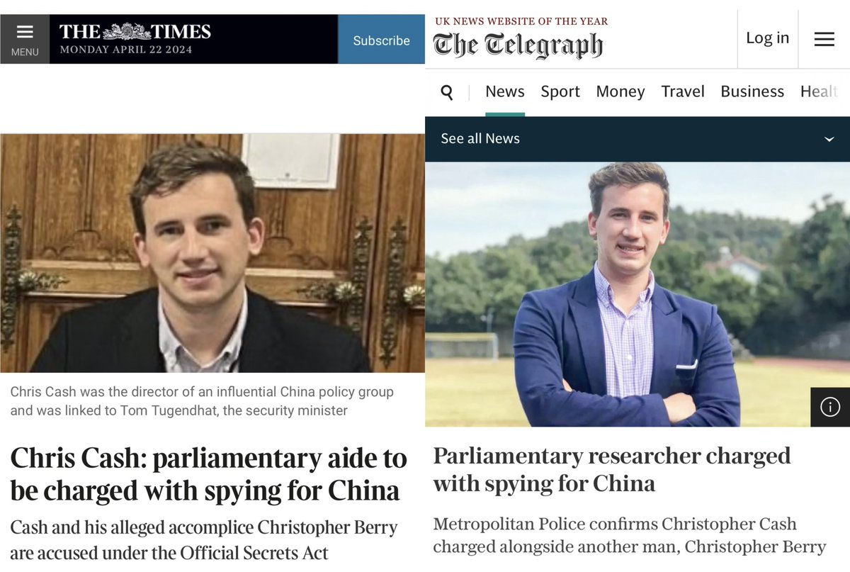 🇬🇧 Crown Prosecution Service Counter Terrorism Division has authorized the Metropolitan Police to charge former parliamentary researcher Christopher Cash and another man Christopher Berry with carrying out espionage work on behalf of 🇨🇳 China. “Christopher Berry and Christopher