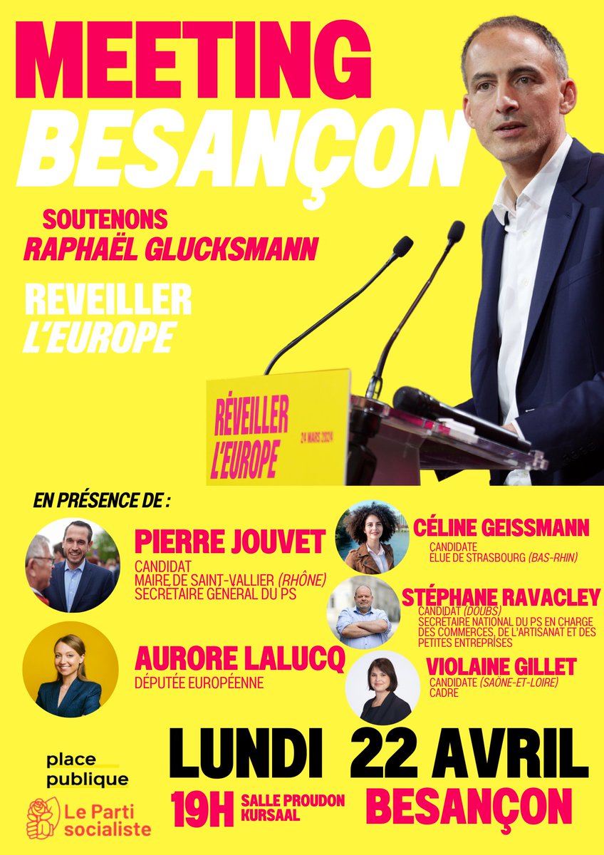 Le @PSDoubs, les @JeunesSocDoubs, la Section @PsBesancon et les @elusPSbesancon accueillent, @PJouvet de la liste @placepublique_ - @partisocialiste et @AuroreLalucq. Avec les colistiers @CelineGeissmann, @RavacleyS et @Gilletviolaine. ✊🌹🗳️🇫🇷🇪🇺 #electionseuropeennes2024