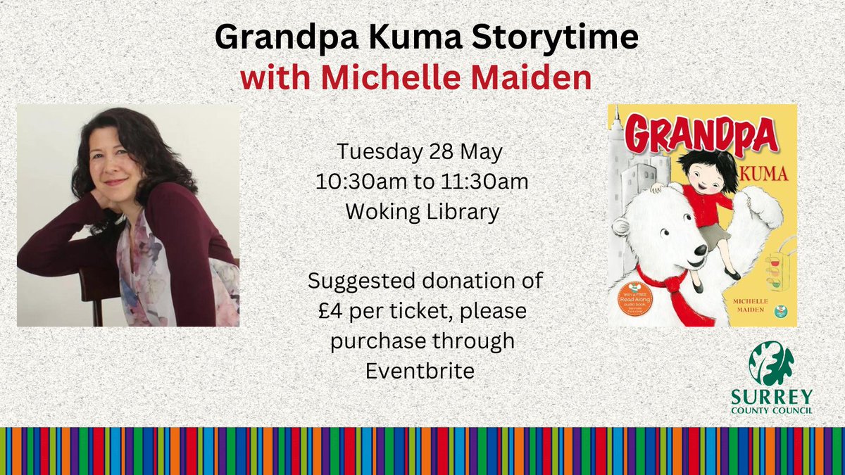 Michelle Maiden's book Grandpa Kuma is based partly on her own experiences growing up as a mixed-race child, a book she'll be reading to us all on 28 May! ❤️ This event is aimed at children ages 3-6 ☺️ Book your tickets here: eventbrite.co.uk/e/grandpa-kuma… @SurreyLibraries