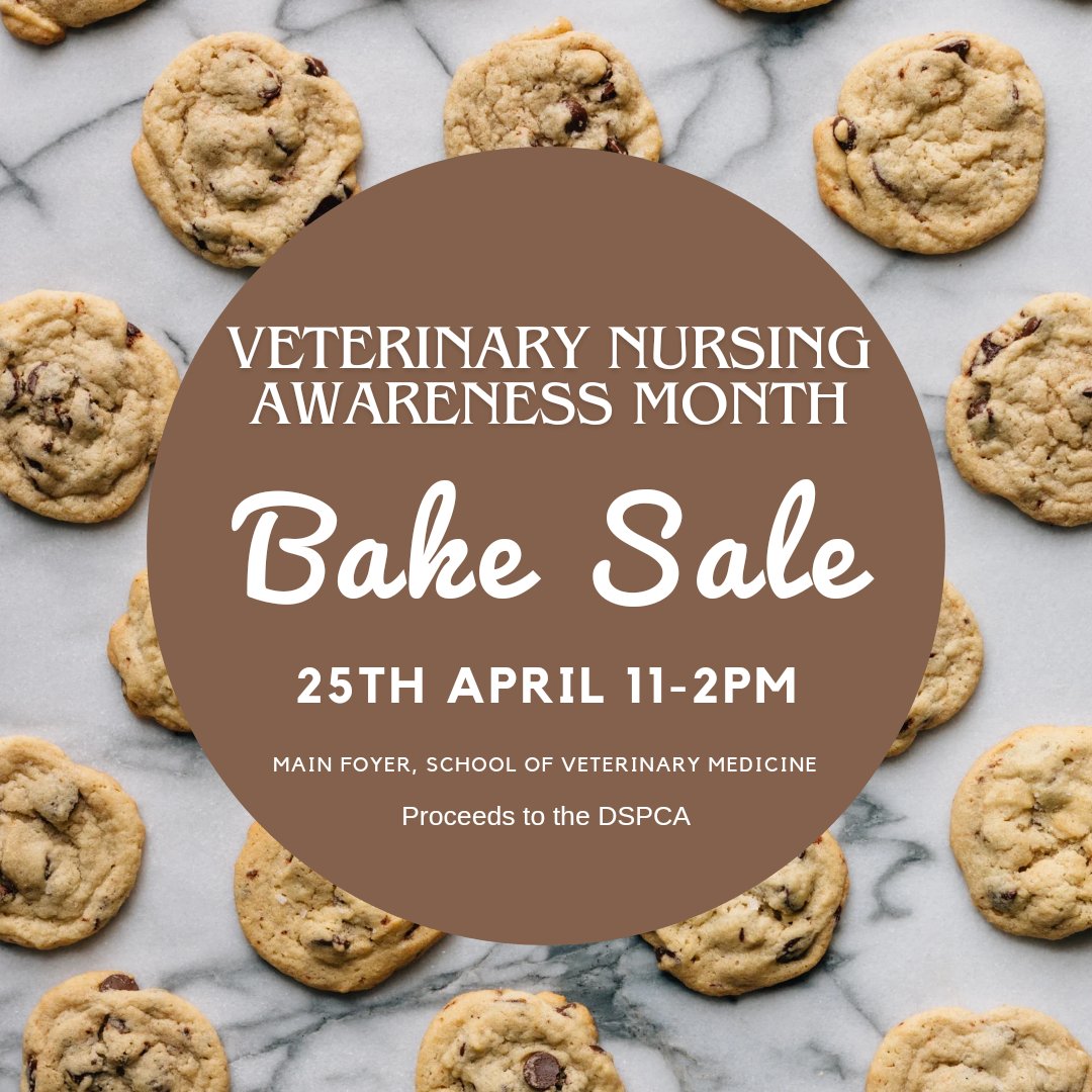 🍰🧁🍩 Join us in the Vet Sciences Centre this Thursday 25 April as we celebrate Veterinary Nursing Awareness Month with a bake sale! 📍Vet Sciences Foyer 🕚 11am - 2pm All proceeds to @DublinSPCA We hope you can take a break from studying or work to enjoy some tasty treats!