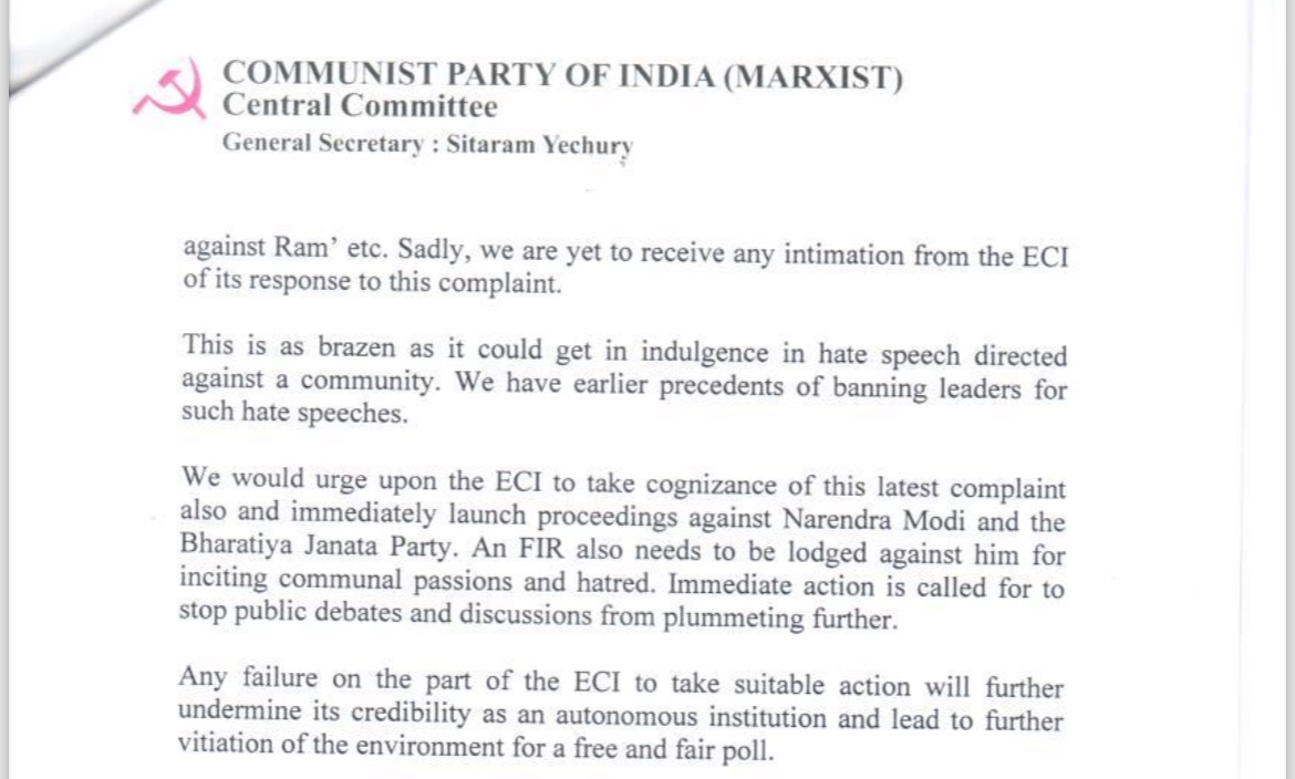 Urge the ECI to take cognizance of this latest complaint and immediately launch proceedings against Narendra Modi and the Bharatiya Janata Party. An FIR needs to be lodged for inciting communal passions and hatred. ECI’s failure to take suitable action will further undermine…