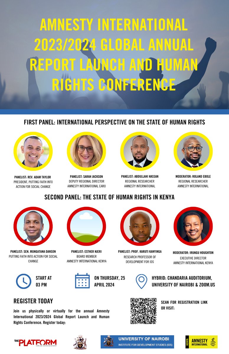 📢Join us @IDS_UONBI @AmnestyKenya & @ThePlatform_KE for '@amnesty 2023/2024 Global Annual Report Launch & Human Rights Conference' 🗓️ 25 April 2024 ⏲️From 3:00pm EAT (GMT +3) 🏢Hybrid 🆓at Chandaria Auditorium @uonbi & via Zoom at 👉bit.ly/3W96nF5 #IDSResearchAgenda