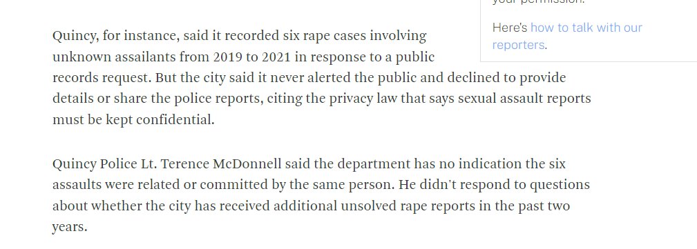 The @wbur story has many other details. For instance, other police departments in Mass. keep it secret when people file reports of sexual assault allegations, citing state law. Quincy Police acknowledged there have been at least 6 unsolved crimes involving unknown assailants.