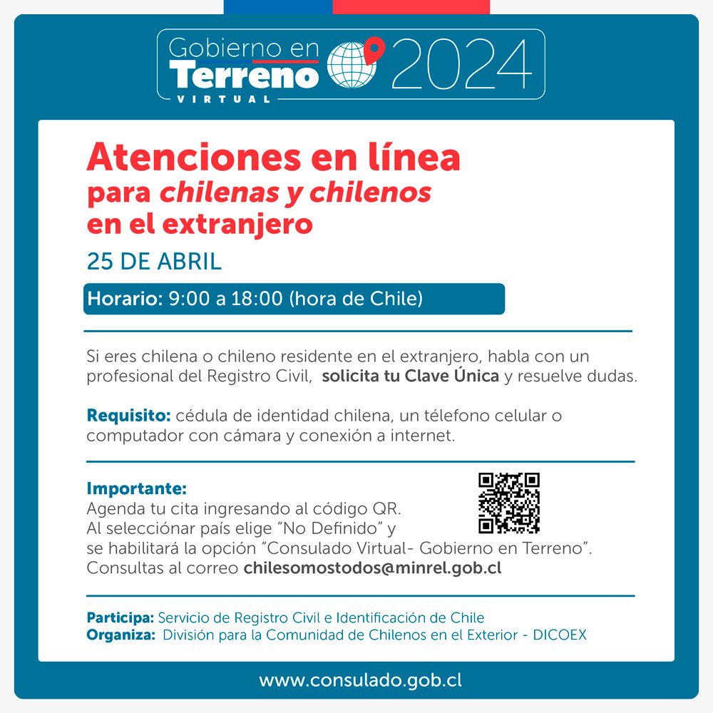 TRÁMITES DIGITALES | Vives en el extranjero y quieres tener tu #ClaveUnica?

📲 Conéctate este jueves 25 de abril 
â°9:00 a 18:00 (hora de Chile)

Agenda tu cita 📲 bit.ly/3Q5Hlme