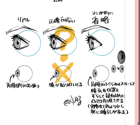 「漫画絵的瞳孔の表現について」
色んな漫画家さんが描く目を見る度に思ってたんだが表現様々で
どこまでリアル感を表現するのかってメモ
リアル表現じゃないからダメって話ではなくどこまで表現するのかで描き手の拘りがわかるなぁって話。
因みにわたしは一番右の描き方してます(目のアップの時) 