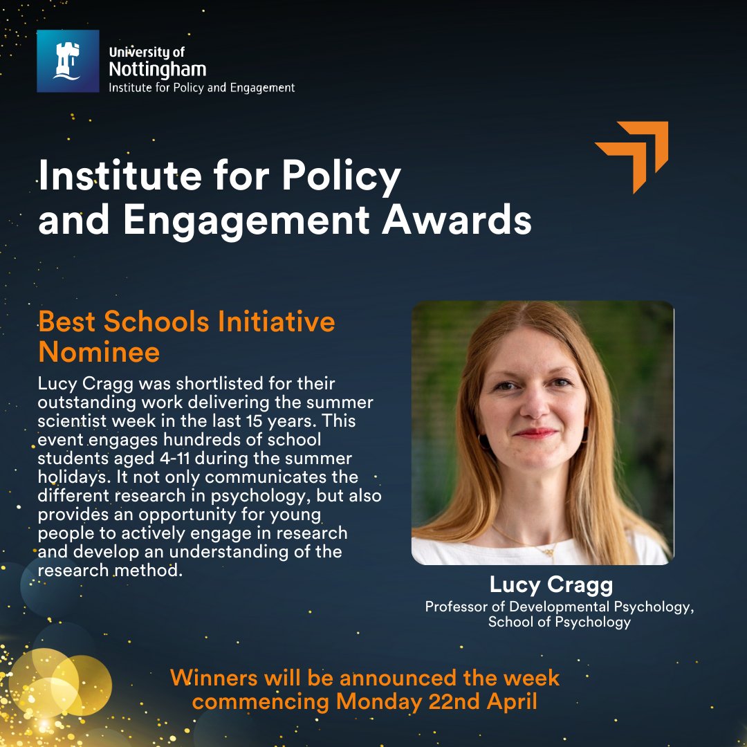 Huge congratulations to @notts_psych's @lucycragg for being shortlisted for the Best Schools Initiative category. Lucy plays a critical role in delivering the summer scientist week at #UoN, where she highlights the broad and impactful research in psychology to young people!