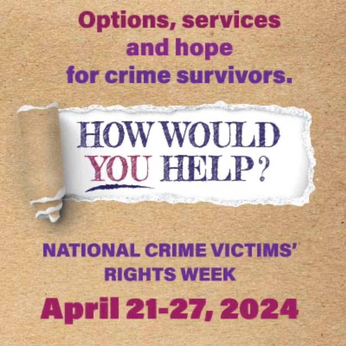 Join the nationwide observation of #NCVRW2024 this week and ask yourself: How would you support a crime survivor who turned to you for help? Learn about available options and resources so you are prepared to provide support. #victimservices #victimsrights ovc.ojp.gov/ncvrw2024