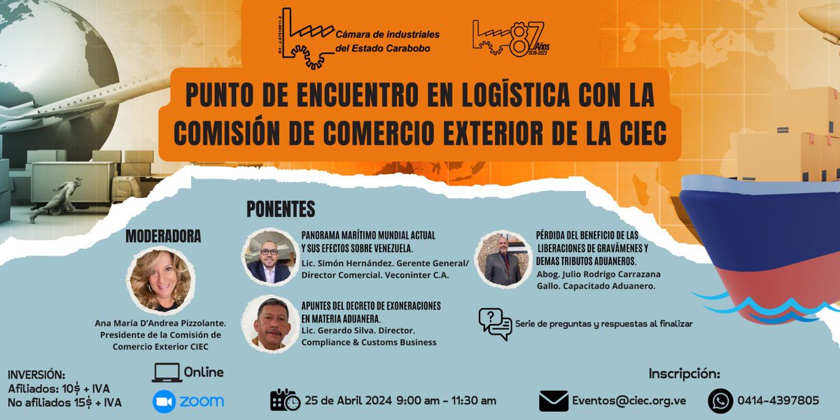 ANAMARIADANDREA's tweet photo. Invitamos a nuestro evento de la Cámara de Industriales del Edo. Carabobo,este Jueves 25/4 a las  9:30am.Gracias a la disponibilidad de nuestros expositores:Lic.Simon Hernandez,@Veconinter, Abog.Julio Carrazana @ambitoaduanero  y el Lic Gerardo Silva @arancelario @caraboboind https://t.co/o37EKnevP3